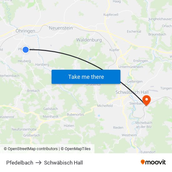 Pfedelbach to Schwäbisch Hall map