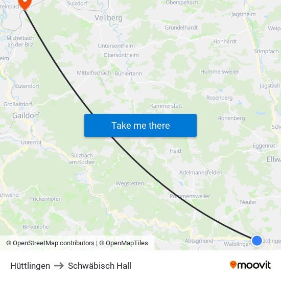 Hüttlingen to Schwäbisch Hall map