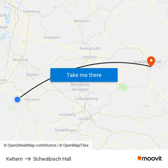 Keltern to Schwäbisch Hall map