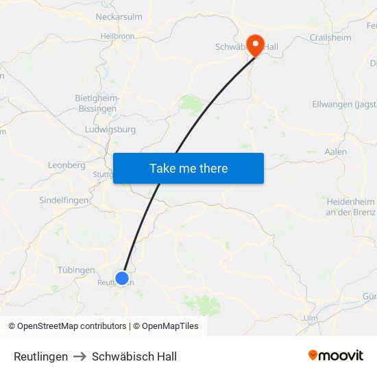 Reutlingen to Schwäbisch Hall map