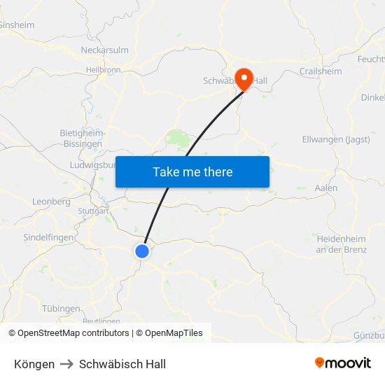 Köngen to Schwäbisch Hall map