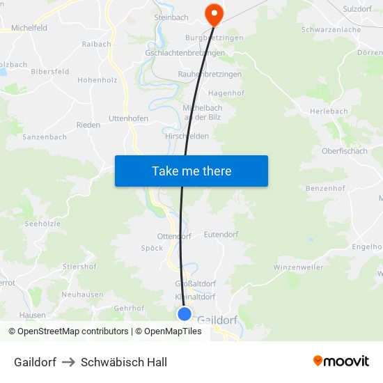 Gaildorf to Schwäbisch Hall map