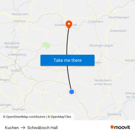 Kuchen to Schwäbisch Hall map