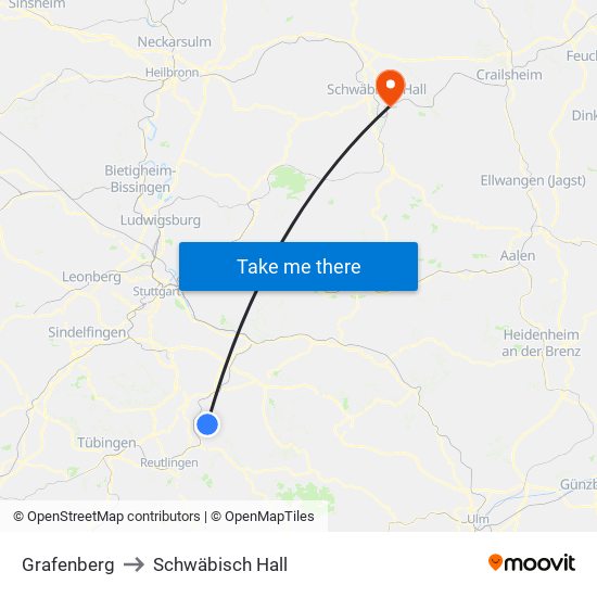 Grafenberg to Schwäbisch Hall map