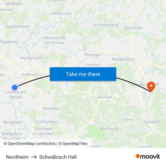 Nordheim to Schwäbisch Hall map