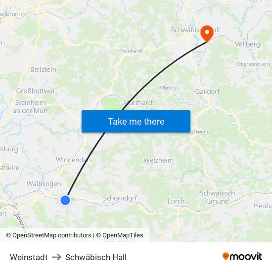 Weinstadt to Schwäbisch Hall map