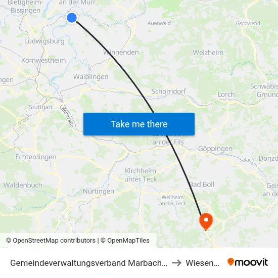 Gemeindeverwaltungsverband Marbach am Neckar to Wiesensteig map