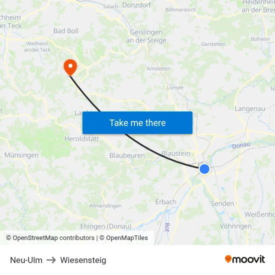 Neu-Ulm to Wiesensteig map