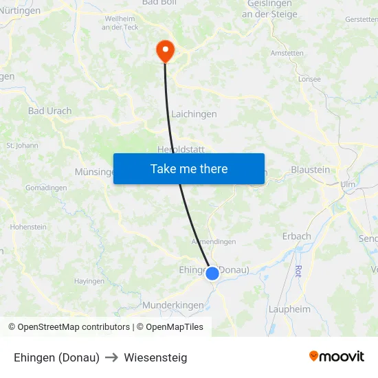 Ehingen (Donau) to Wiesensteig map