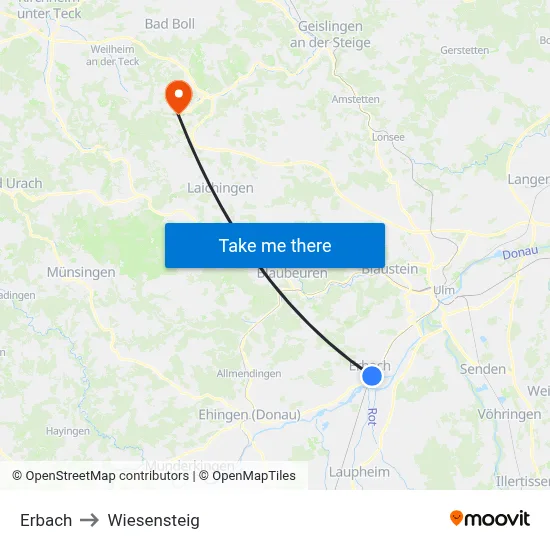 Erbach to Wiesensteig map