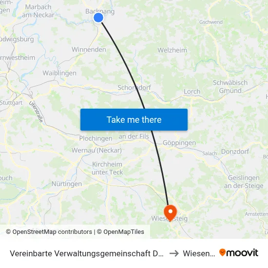 Vereinbarte Verwaltungsgemeinschaft Der Stadt Backnang to Wiesensteig map