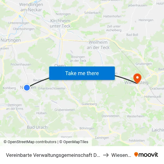 Vereinbarte Verwaltungsgemeinschaft Der Stadt Neuffen to Wiesensteig map