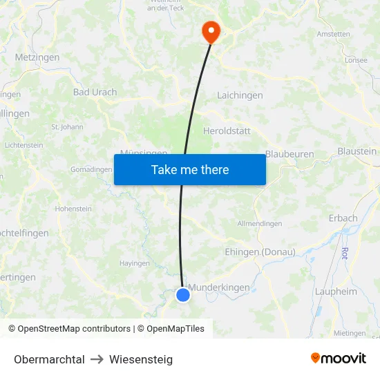 Obermarchtal to Wiesensteig map
