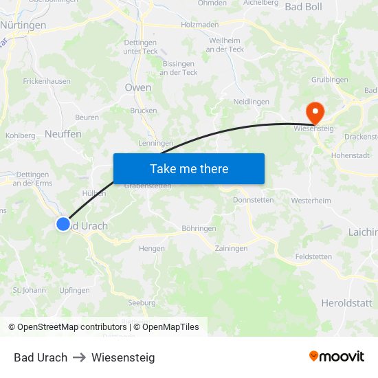 Bad Urach to Wiesensteig map