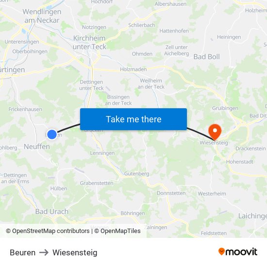 Beuren to Wiesensteig map