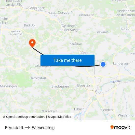 Bernstadt to Wiesensteig map