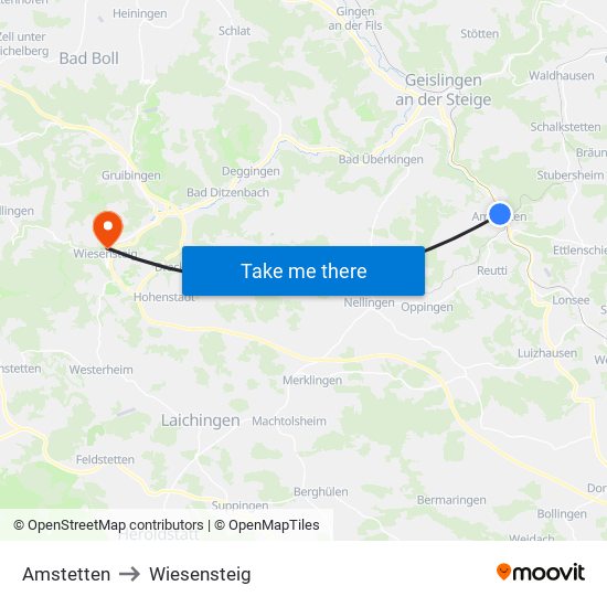 Amstetten to Wiesensteig map