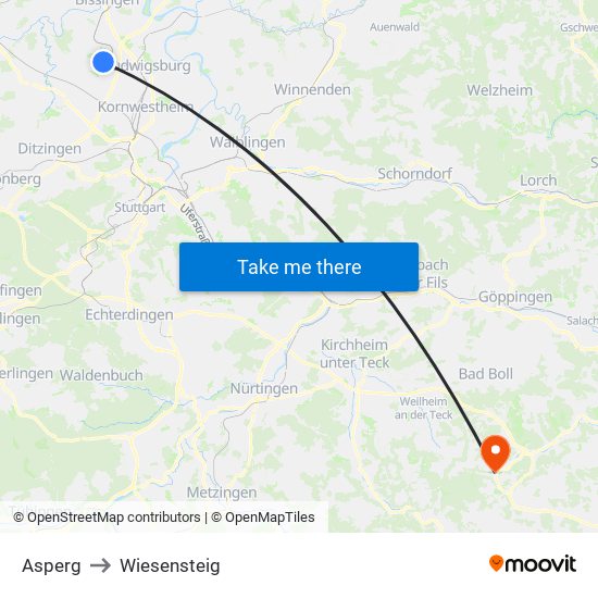 Asperg to Wiesensteig map