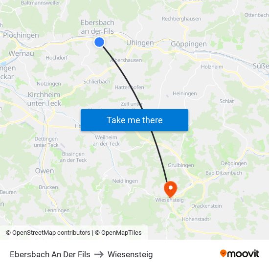 Ebersbach An Der Fils to Wiesensteig map
