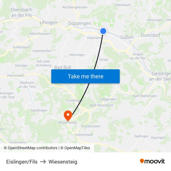 Eislingen/Fils to Wiesensteig map