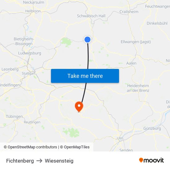 Fichtenberg to Wiesensteig map