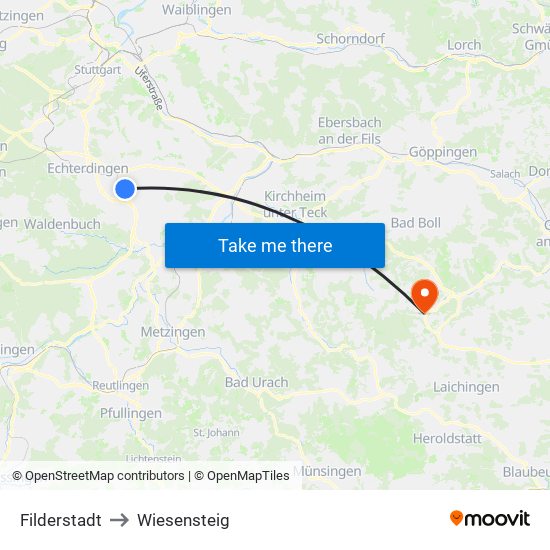 Filderstadt to Wiesensteig map