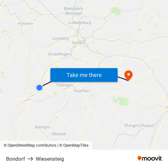 Bondorf to Wiesensteig map
