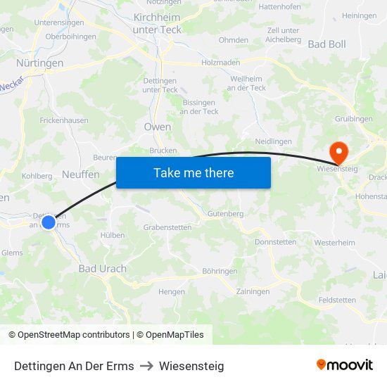 Dettingen An Der Erms to Wiesensteig map