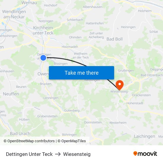 Dettingen Unter Teck to Wiesensteig map