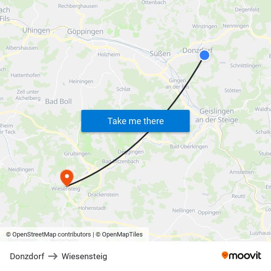 Donzdorf to Wiesensteig map