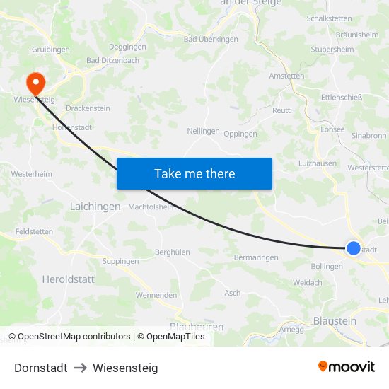 Dornstadt to Wiesensteig map