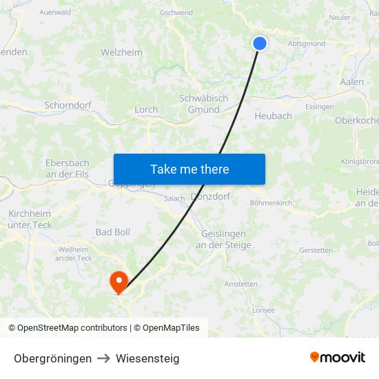 Obergröningen to Wiesensteig map