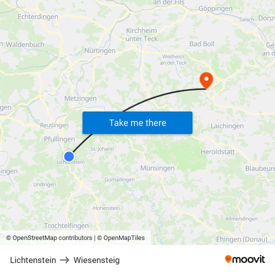 Lichtenstein to Wiesensteig map