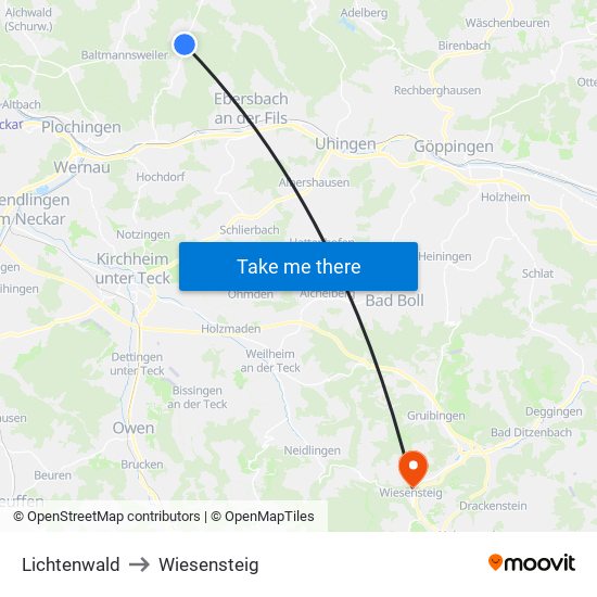 Lichtenwald to Wiesensteig map