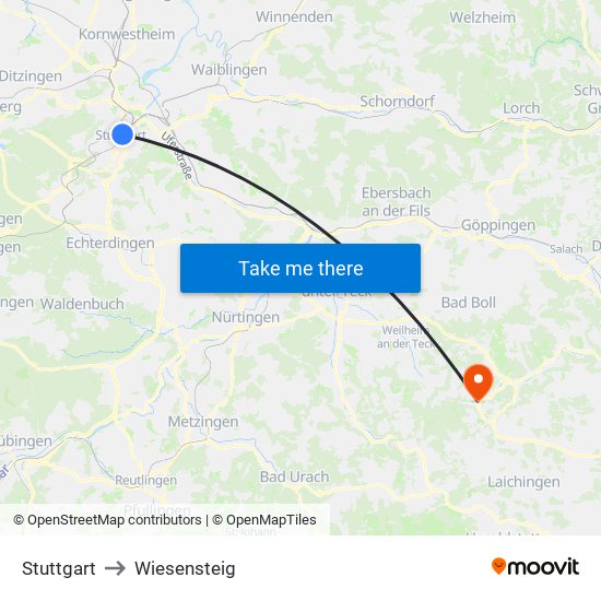 Stuttgart to Wiesensteig map