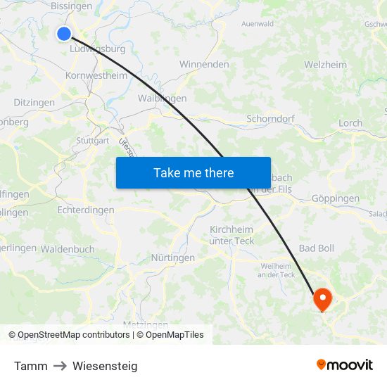 Tamm to Wiesensteig map