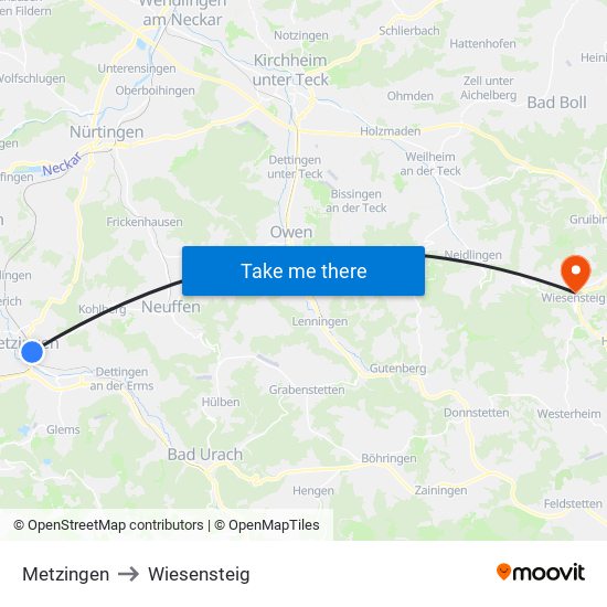 Metzingen to Wiesensteig map