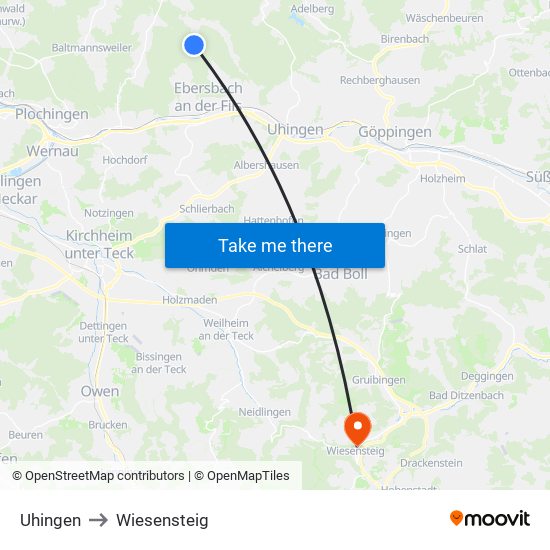 Uhingen to Wiesensteig map