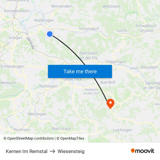 Kernen Im Remstal to Wiesensteig map