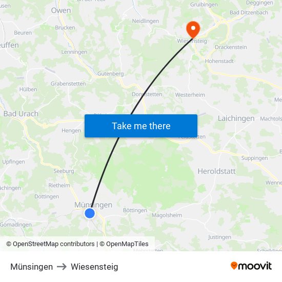 Münsingen to Wiesensteig map