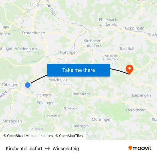 Kirchentellinsfurt to Wiesensteig map