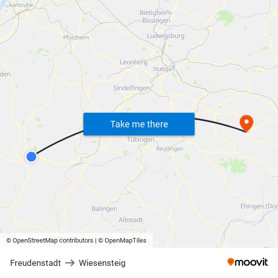 Freudenstadt to Wiesensteig map