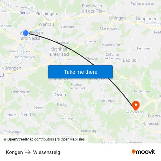 Köngen to Wiesensteig map