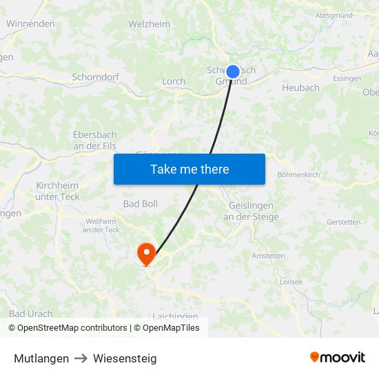 Mutlangen to Wiesensteig map