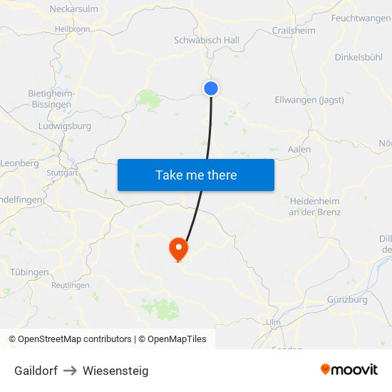Gaildorf to Wiesensteig map