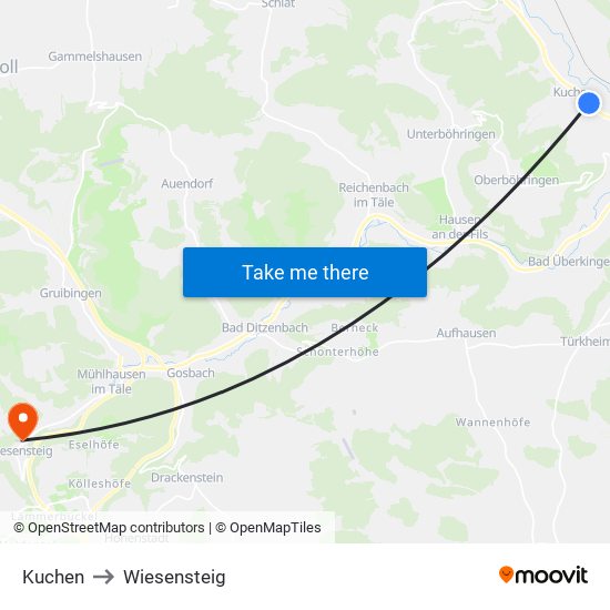 Kuchen to Wiesensteig map