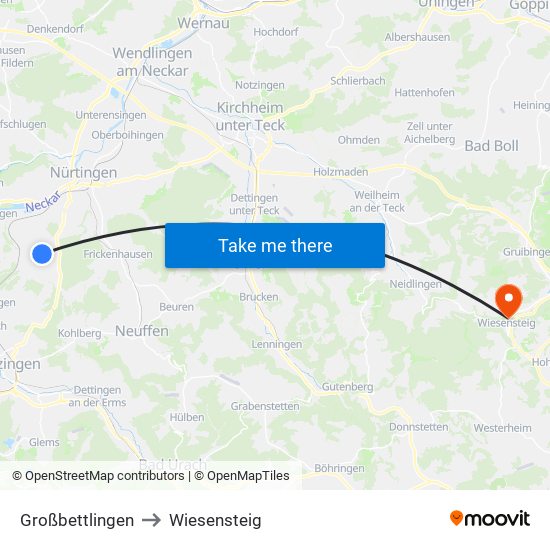 Großbettlingen to Wiesensteig map