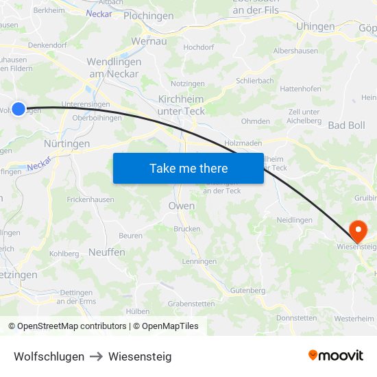 Wolfschlugen to Wiesensteig map