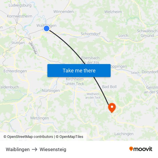 Waiblingen to Wiesensteig map