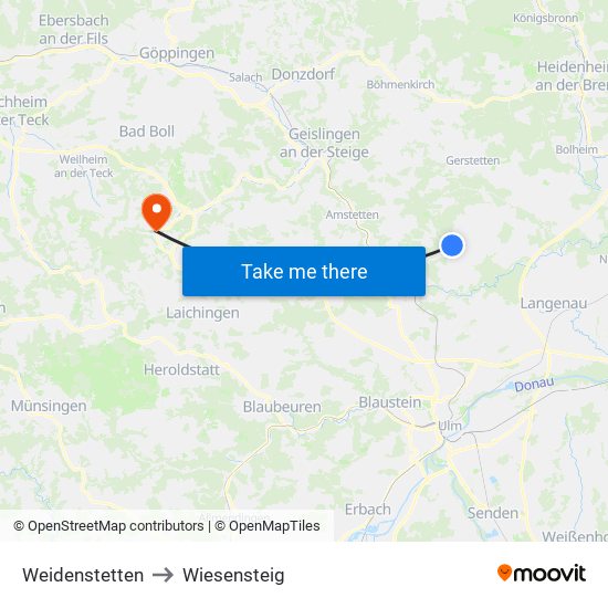 Weidenstetten to Wiesensteig map